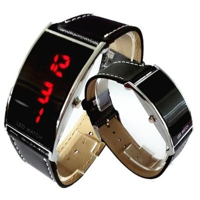 Moda Unisex LED vermelho luz relógio digital com faixa de couro preto